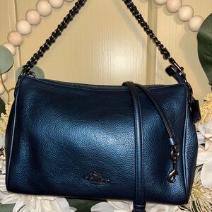 Coach Carrie Blue metallic Pebbled Leather
Chain Crossbody Shoulder Bag
